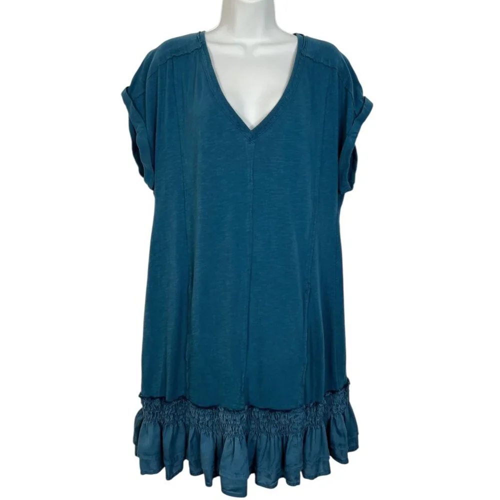 Anthropologie Daily Practice Solana Ruffled Tunic Dress Mini Teal Blue Medium